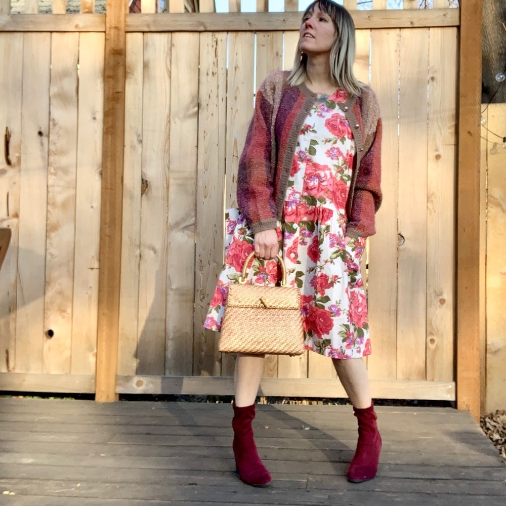 1980s Express Floral Drop Waist Button Front Dress